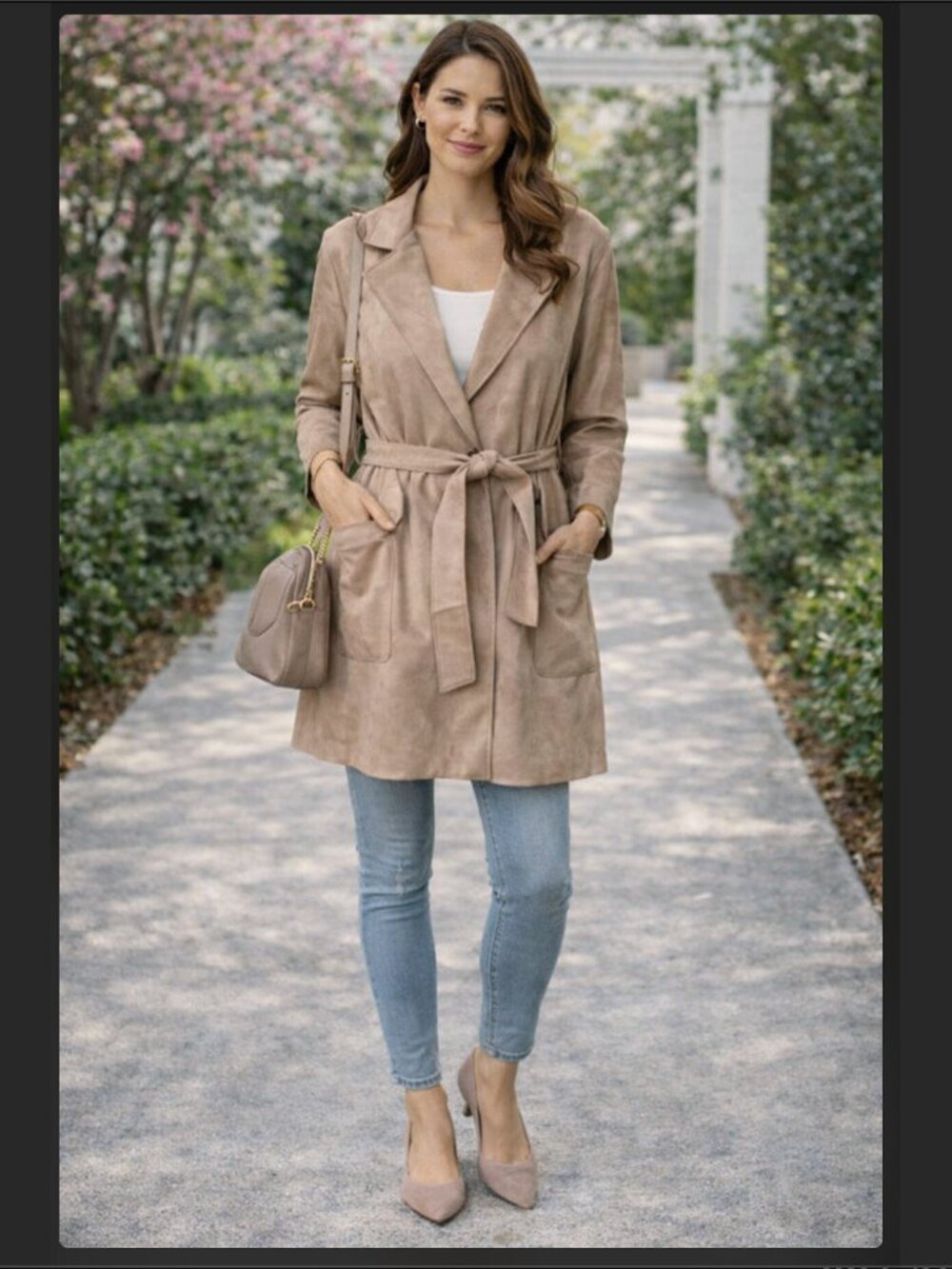 NWT T TAHARI Belted Faux Suede Tan Brown Long Jacket Trench Medium Duster